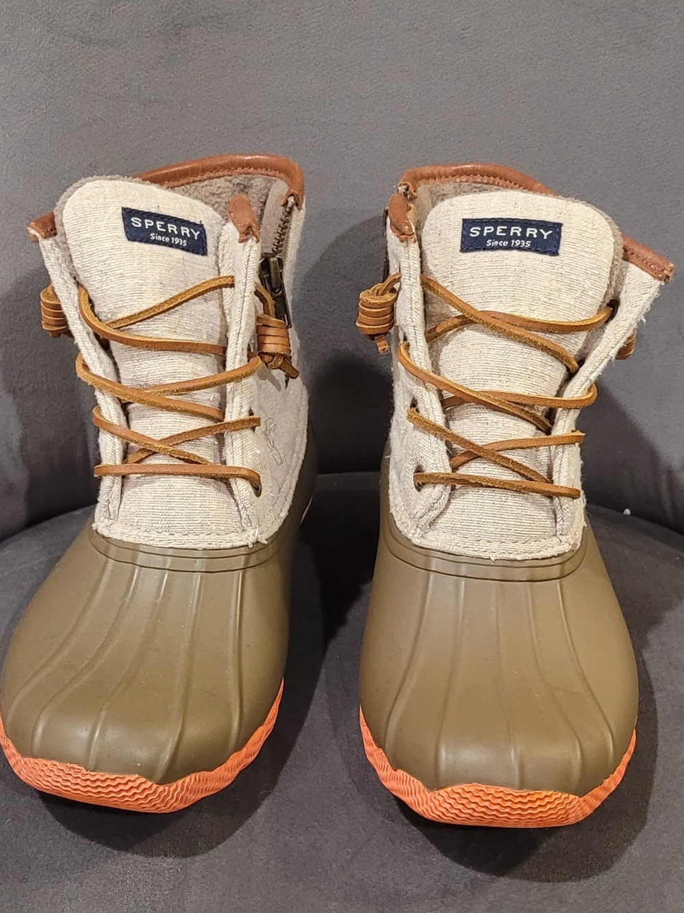 Sperry Kids Olive Green & Tan Waterproof Duck Boots with Orange Trim
